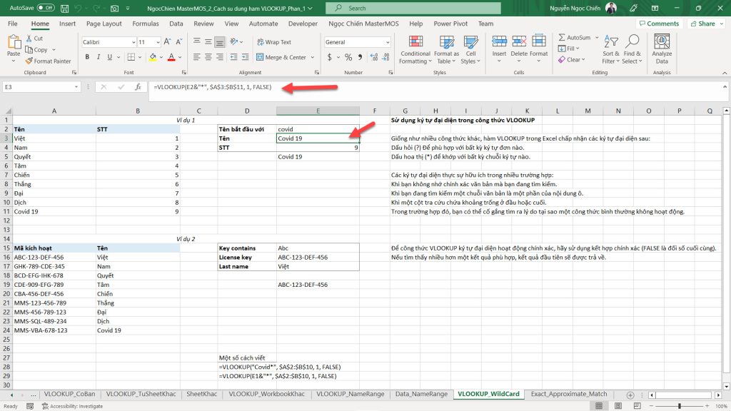 Ham VLOOKUP trong Excel, voi ky tu dai dien WildCard - Ngoc Chien MasterMOS