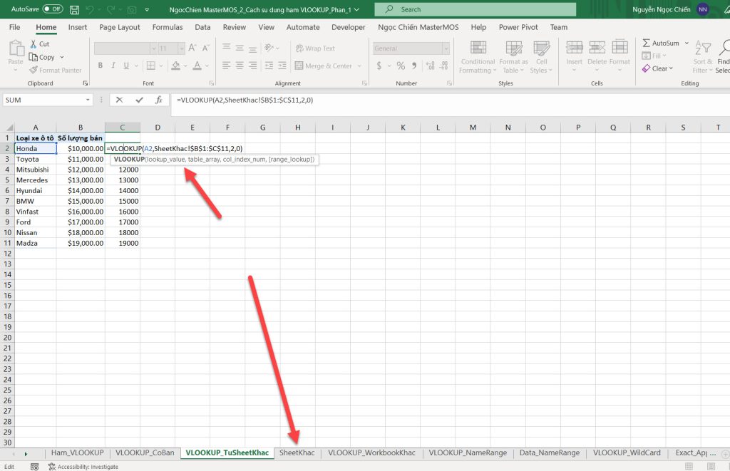 Ham VLOOKUP voi Table Array duoc tham chieu tu Sheet khac - Ngoc Chien MasterMOS