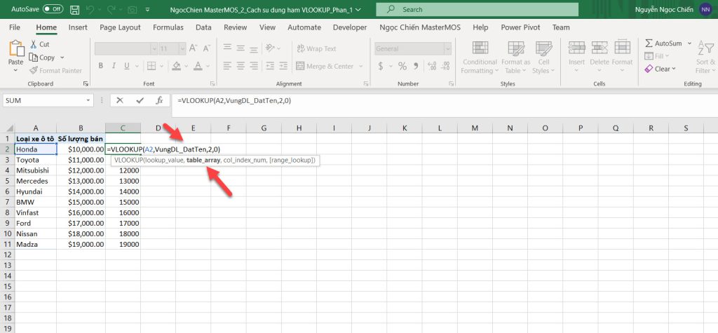 Ham VLOOKUP voi Table Array la vung du lieu duoc dat ten - Define Name - Ngoc Chien MasterMOS